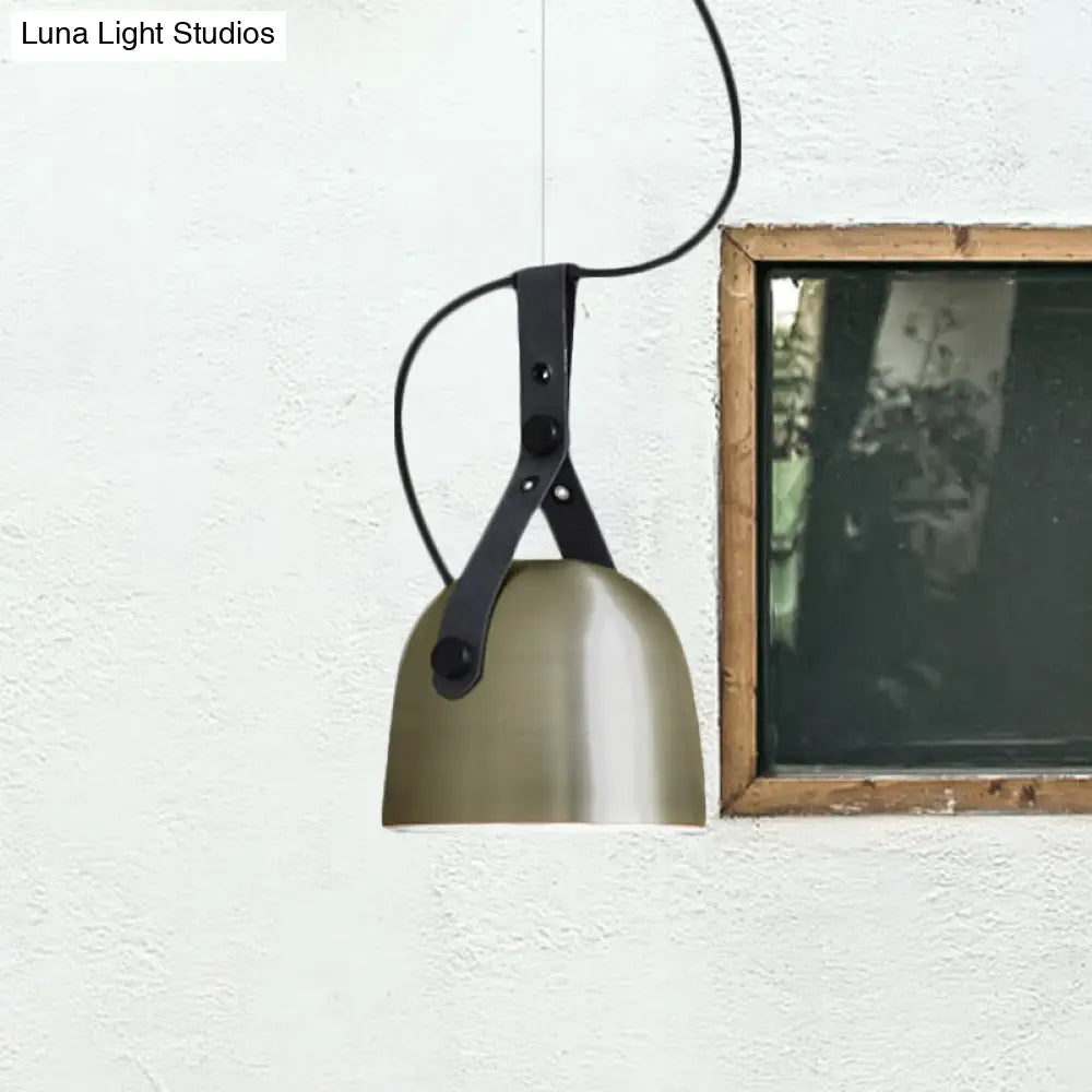 Industrial Style Dome Hanging Lamp With Leather Strap - 7/9.5 Dia 1 Light Pendant Lighting In