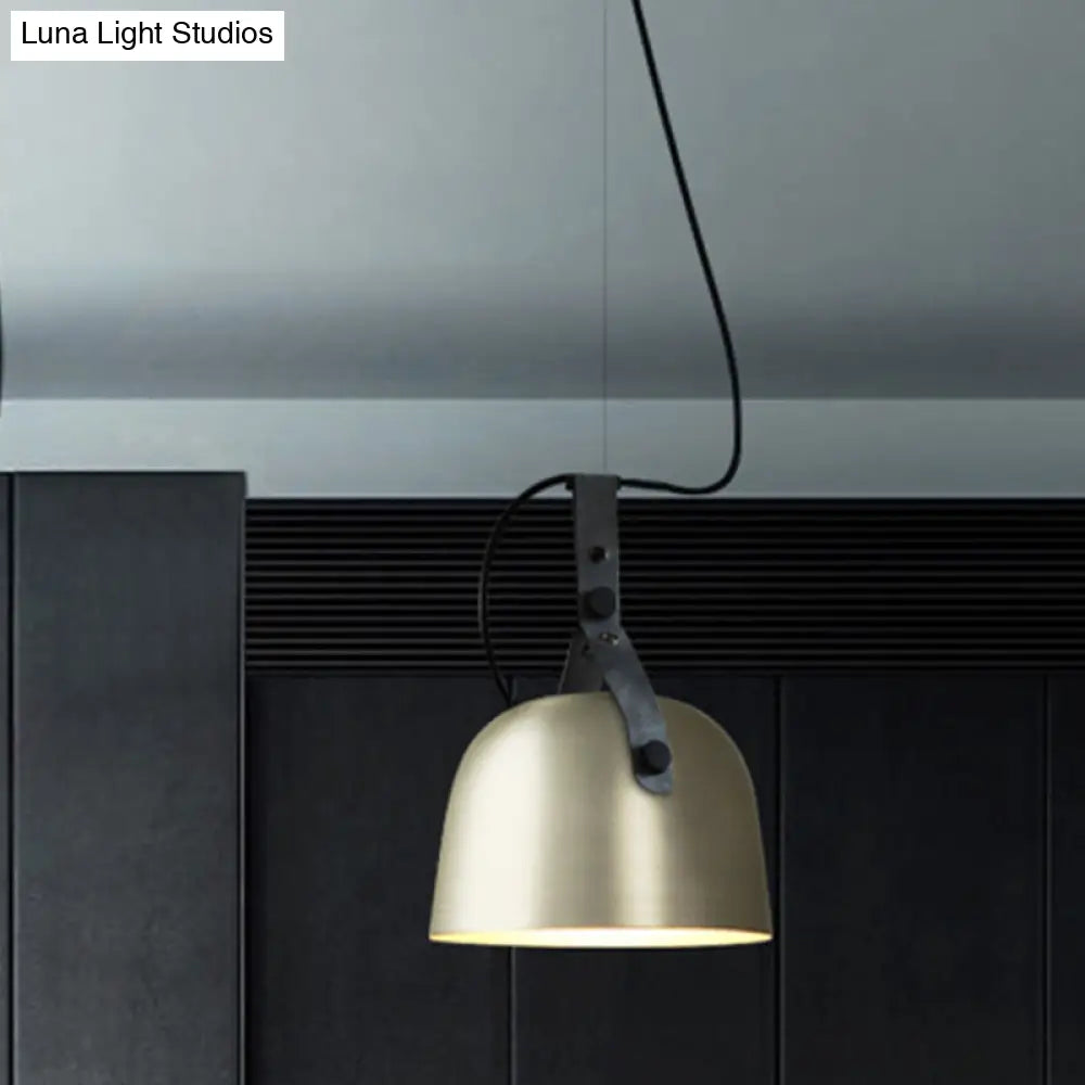 Industrial Style Dome Hanging Lamp With Leather Strap - 7/9.5 Dia 1 Light Pendant Lighting In