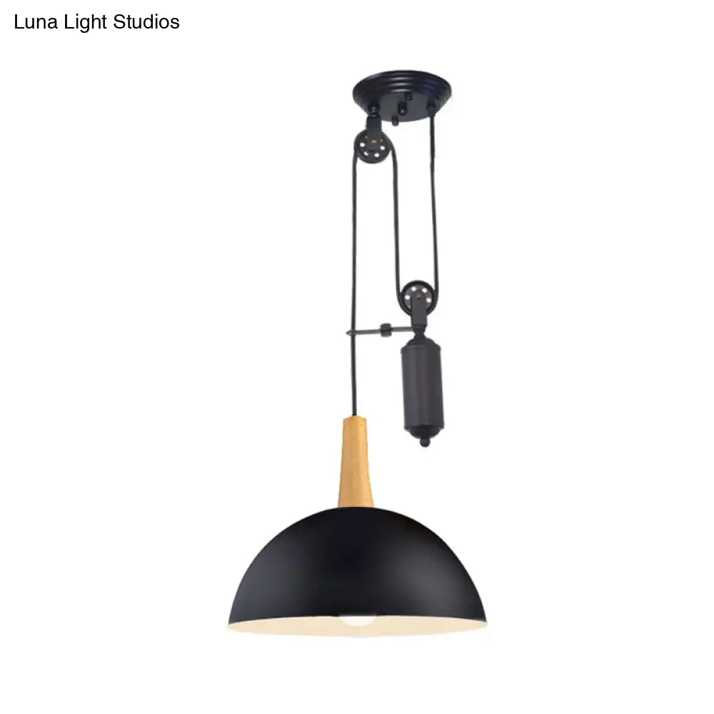 Industrial Style Domed Kitchen Pendant Light With Pulley And Metal Frame – Black/White Hanging Lamp