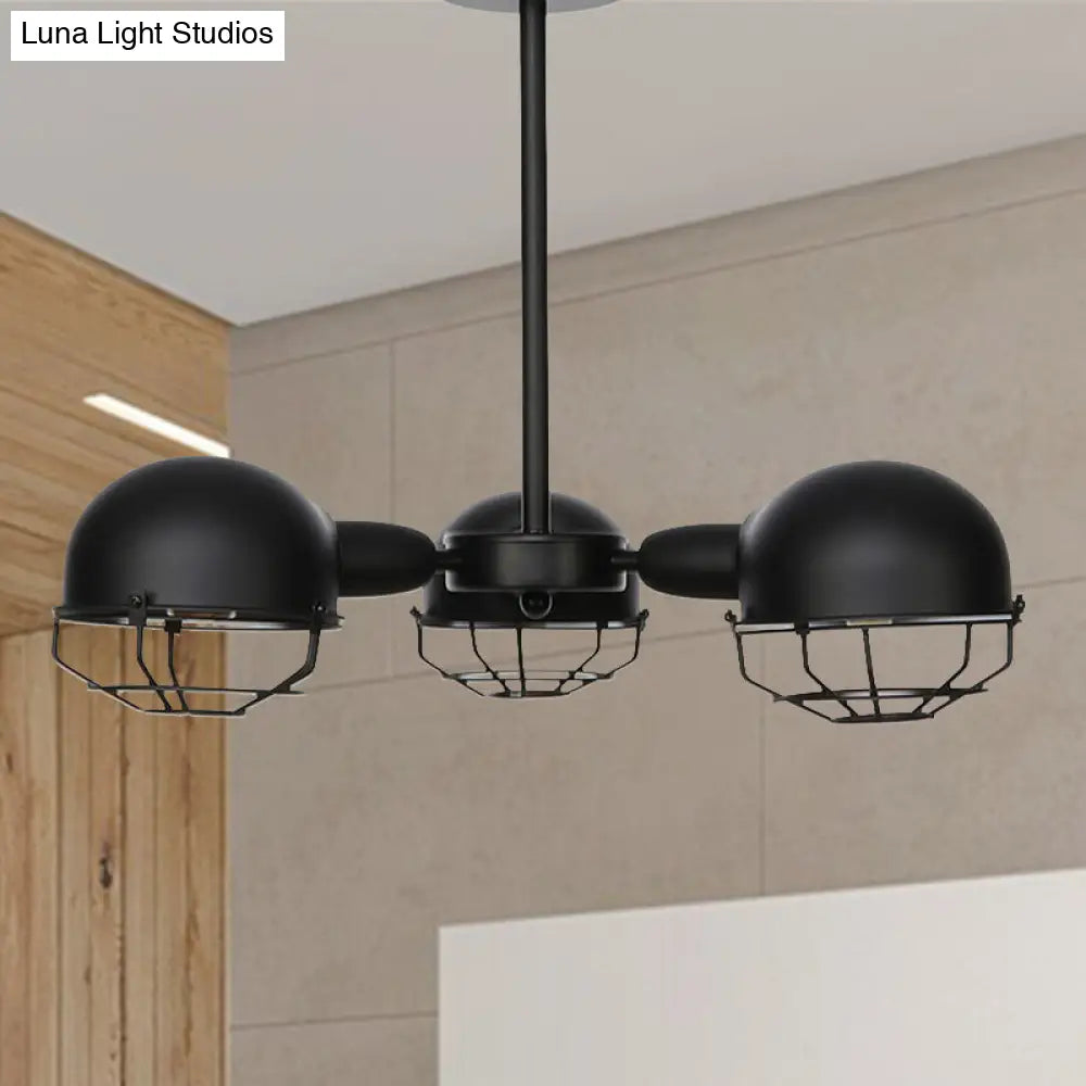 Domed Industrial Style Pendant Light With 3 Bulbs - Metallic Black/Brass Finish Chandelier Black / B