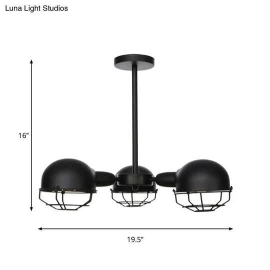 Domed Industrial Style Pendant Light With 3 Bulbs - Metallic Black/Brass Finish Chandelier