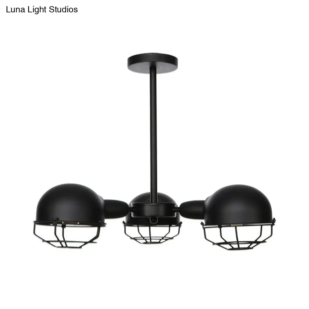 Domed Industrial Style Pendant Light With 3 Bulbs - Metallic Black/Brass Finish Chandelier