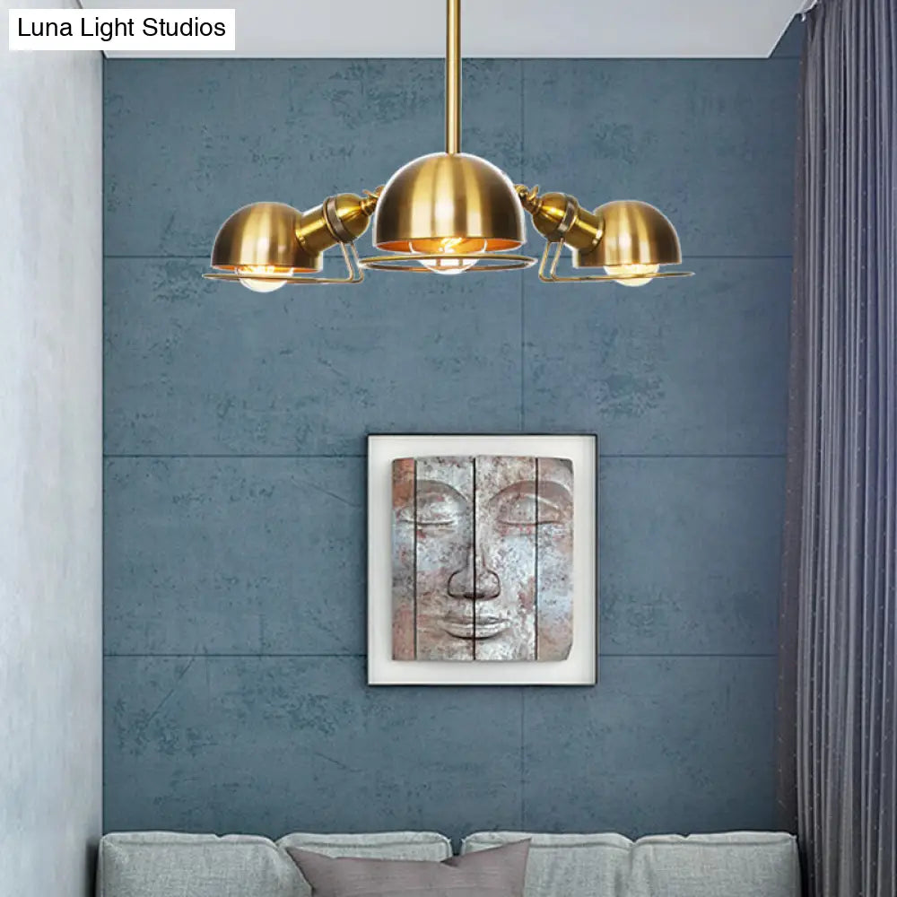 Domed Industrial Style Pendant Light With 3 Bulbs - Metallic Black/Brass Finish Chandelier