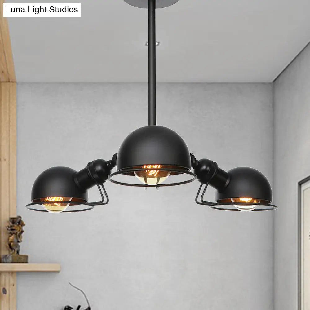 Domed Industrial Style Pendant Light With 3 Bulbs - Metallic Black/Brass Finish Chandelier Black / A