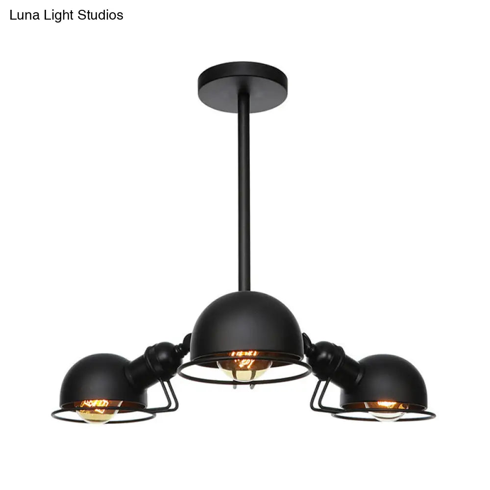 Domed Industrial Style Pendant Light With 3 Bulbs - Metallic Black/Brass Finish Chandelier