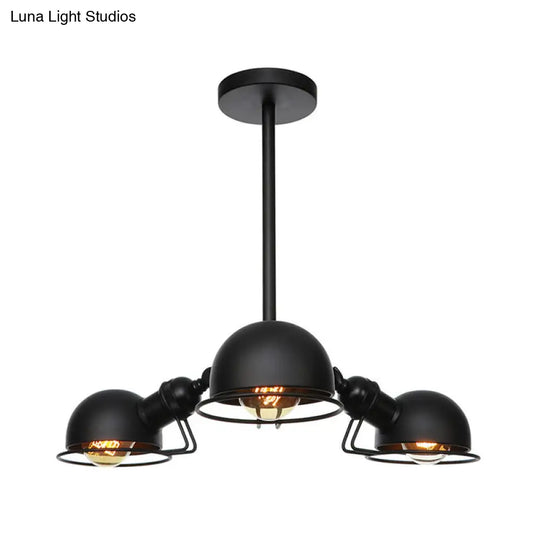 Domed Industrial Style Pendant Light With 3 Bulbs - Metallic Black/Brass Finish Chandelier