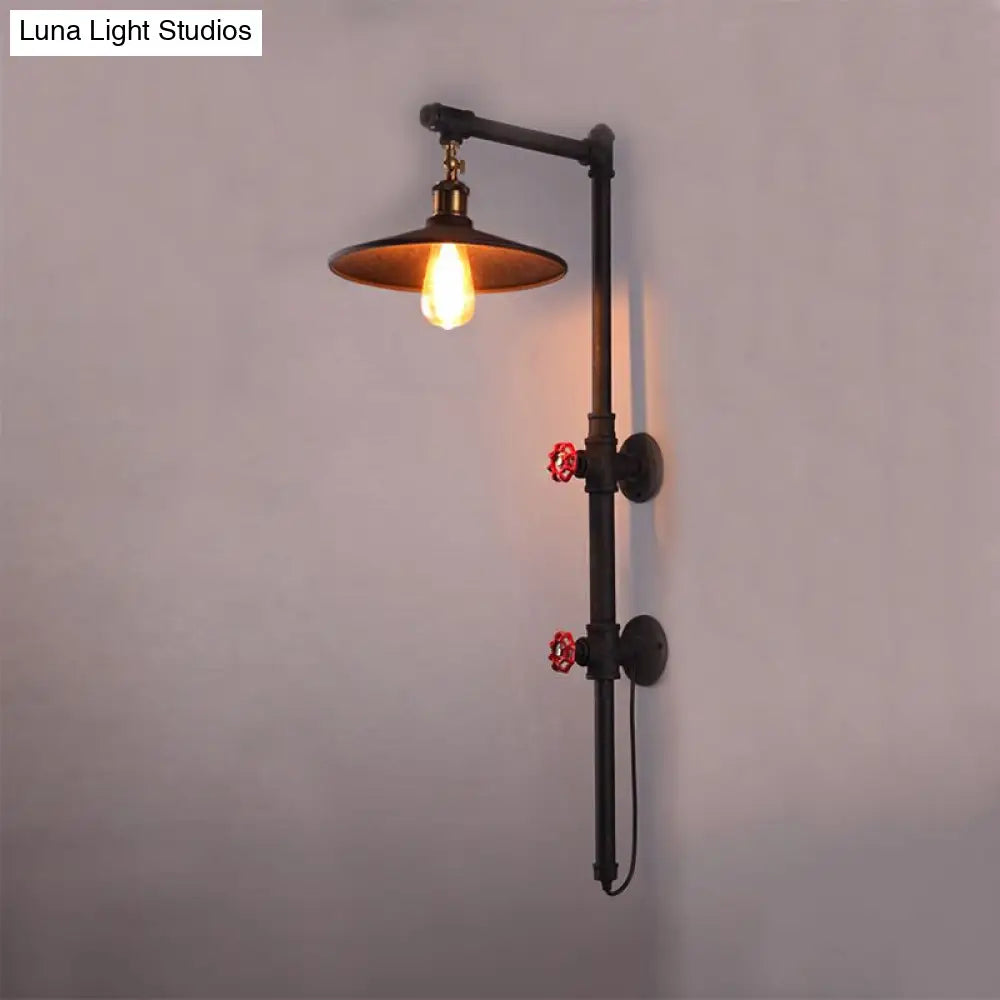 Industrial Style Flat Wall Sconce: 1-Light Black Metallic Pipe And Angle Arm Lamp