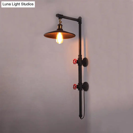 Industrial Style Flat Wall Sconce: 1-Light Black Metallic Pipe And Angle Arm Lamp