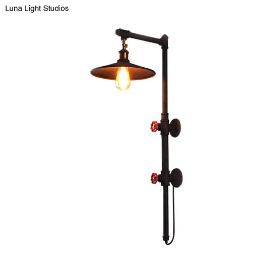 Industrial Style Flat Wall Sconce: 1-Light Black Metallic Pipe And Angle Arm Lamp