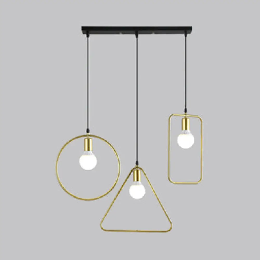 Industrial Style Geometric Hanging Light - Gold Metal Frame Pendant Lighting (3 Lights)