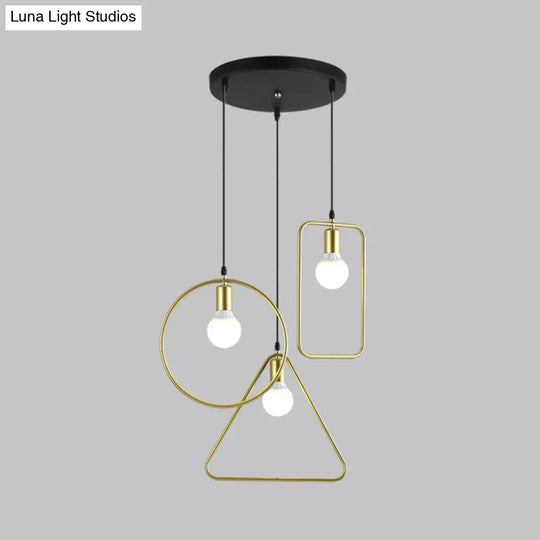 Gold Metal Frame Geometric Hanging Pendant Light | Industrial Style 3 Lights Round/Linear Canopy /