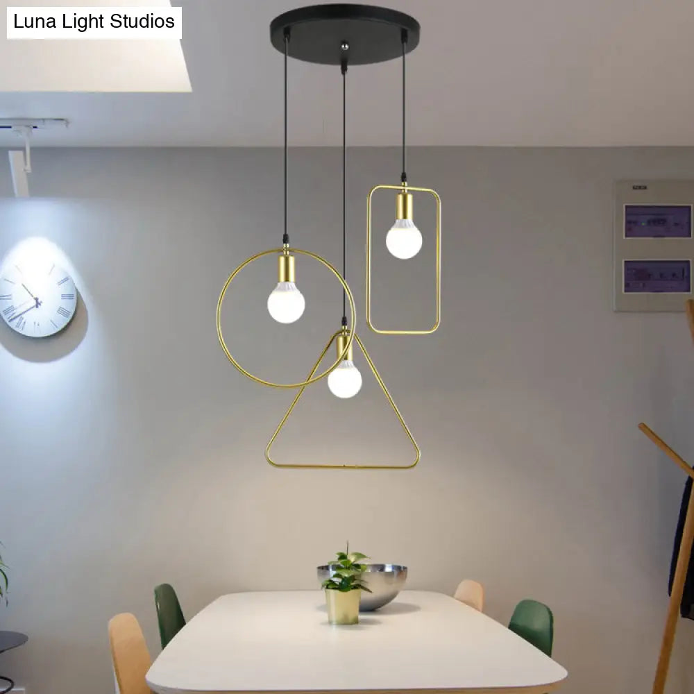 Industrial Style Geometric Hanging Light - Gold Metal Frame Pendant Lighting (3 Lights)