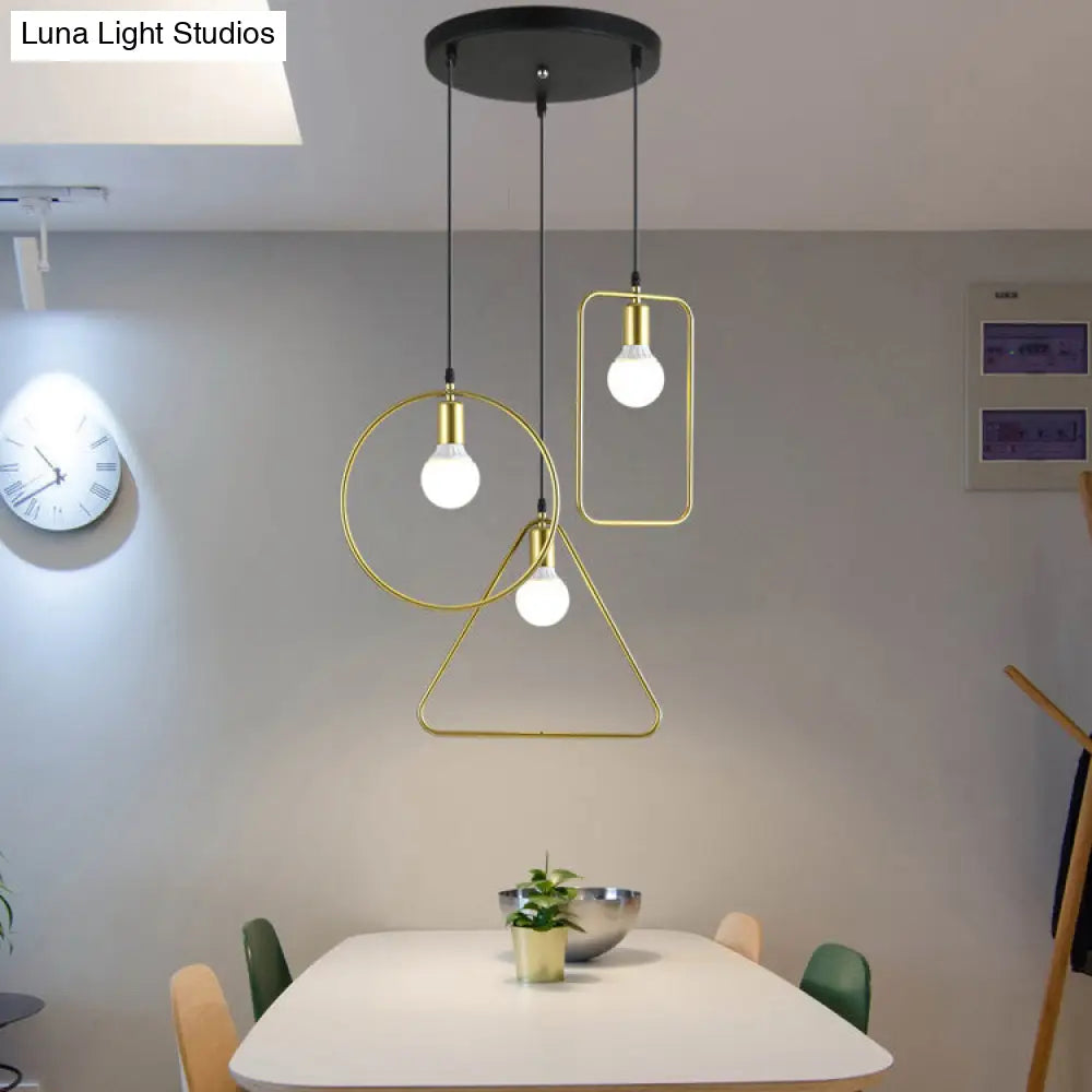 Gold Metal Frame Geometric Hanging Pendant Light | Industrial Style 3 Lights Round/Linear Canopy