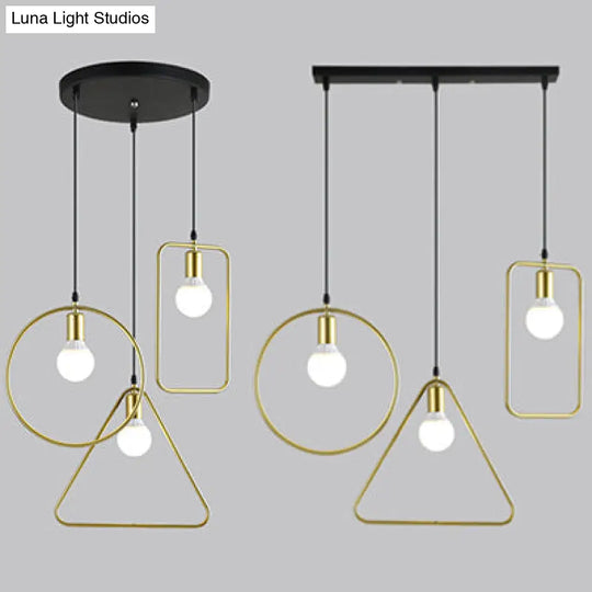 Industrial Style Geometric Hanging Light - Gold Metal Frame Pendant Lighting (3 Lights)