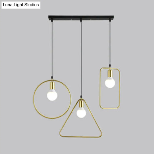 Gold Metal Frame Geometric Hanging Pendant Light | Industrial Style 3 Lights Round/Linear Canopy /