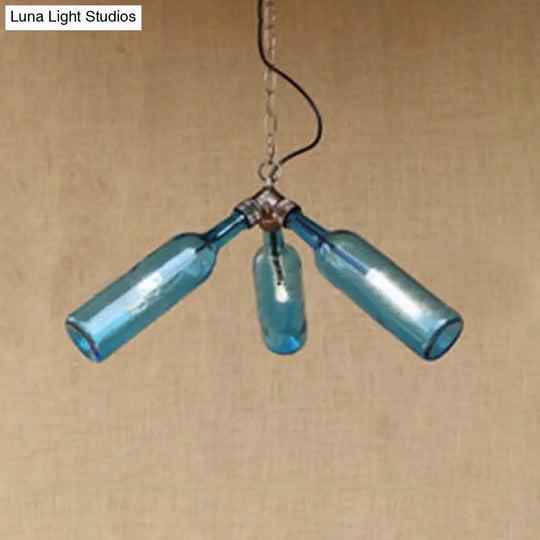 Industrial Stylish Blue/Clear Wine Bottle Pendant Lamp - 3 Bulbs Glass Hanging Lighting For