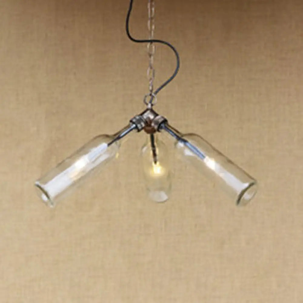 Industrial-Style Glass Pendant Lamp - 3 Bulb Hanging Lighting Blue/Clear Wine Bottle Design For