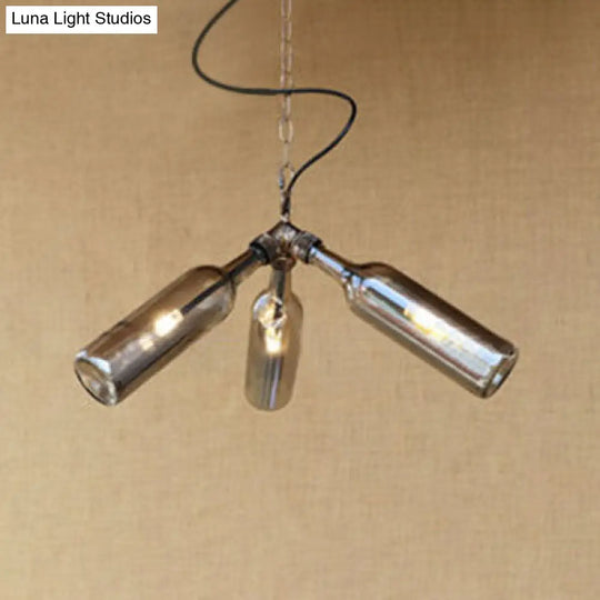 Industrial Stylish Blue/Clear Wine Bottle Pendant Lamp - 3 Bulbs Glass Hanging Lighting For