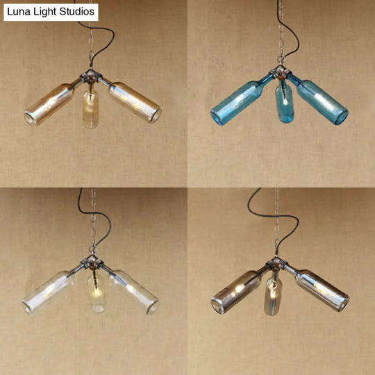 Industrial Stylish Blue/Clear Wine Bottle Pendant Lamp - 3 Bulbs Glass Hanging Lighting For