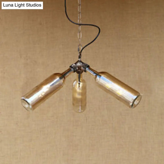 Industrial Stylish Blue/Clear Wine Bottle Pendant Lamp - 3 Bulbs Glass Hanging Lighting For