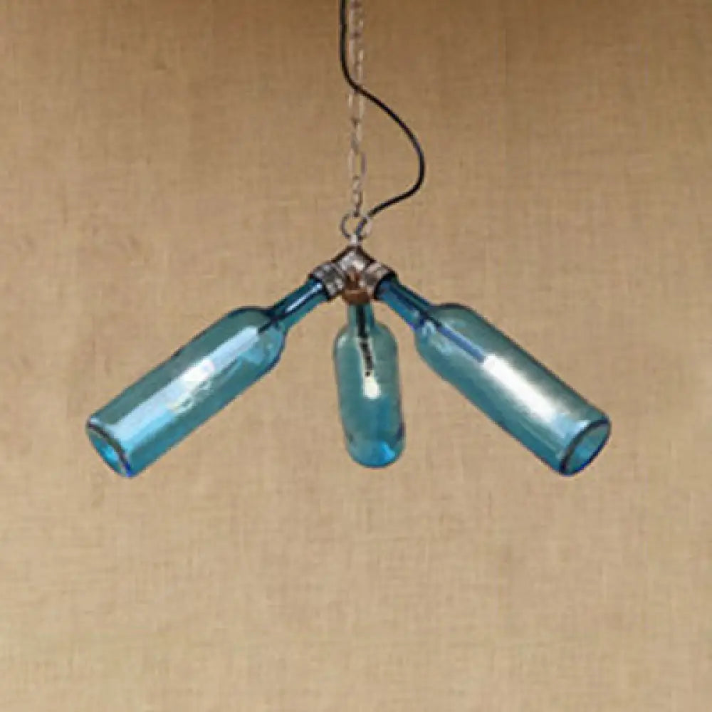 Industrial-Style Glass Pendant Lamp - 3 Bulb Hanging Lighting Blue/Clear Wine Bottle Design For