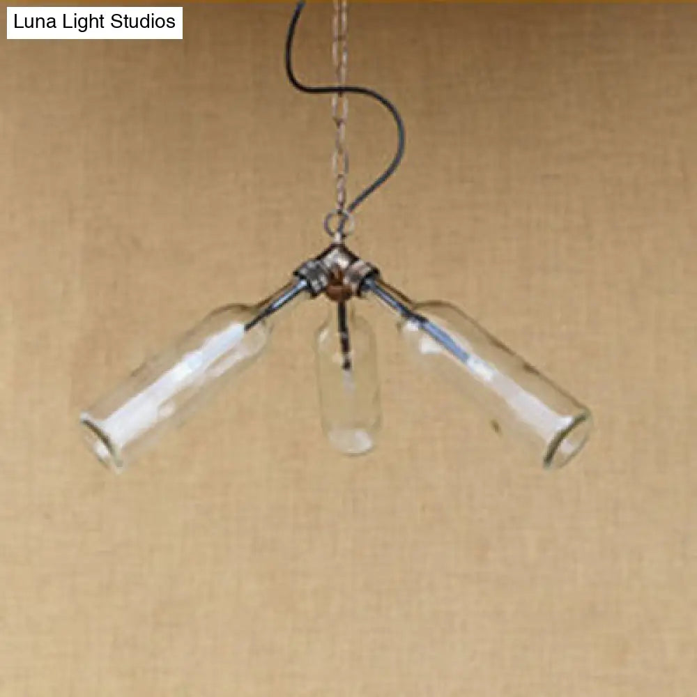 Industrial Stylish Blue/Clear Wine Bottle Pendant Lamp - 3 Bulbs Glass Hanging Lighting For