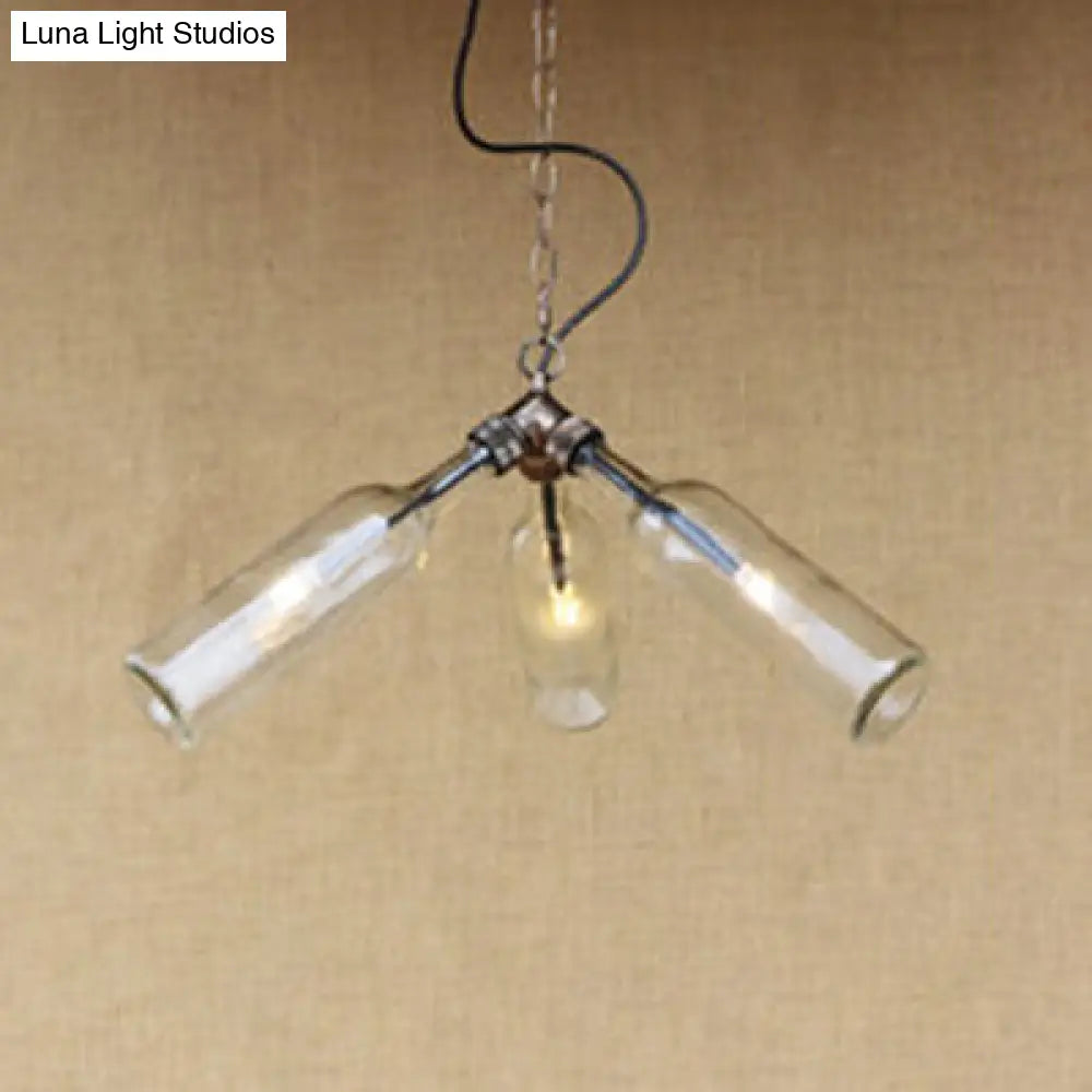 Industrial Stylish Blue/Clear Wine Bottle Pendant Lamp - 3 Bulbs Glass Hanging Lighting For