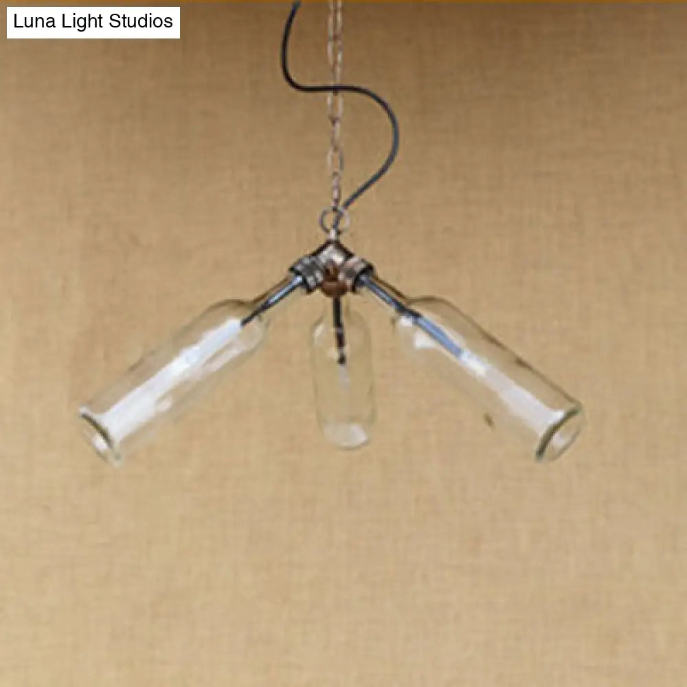 Industrial-Style Glass Pendant Lamp - 3 Bulb Hanging Lighting Blue/Clear Wine Bottle Design For