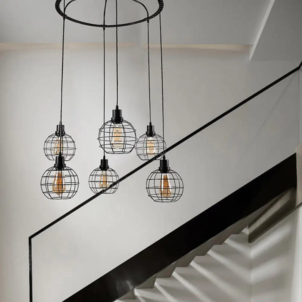 Industrial Style Global Hanging Lamp - 6-Bulb Metallic Suspended Light In Black With Wire Cage Shade