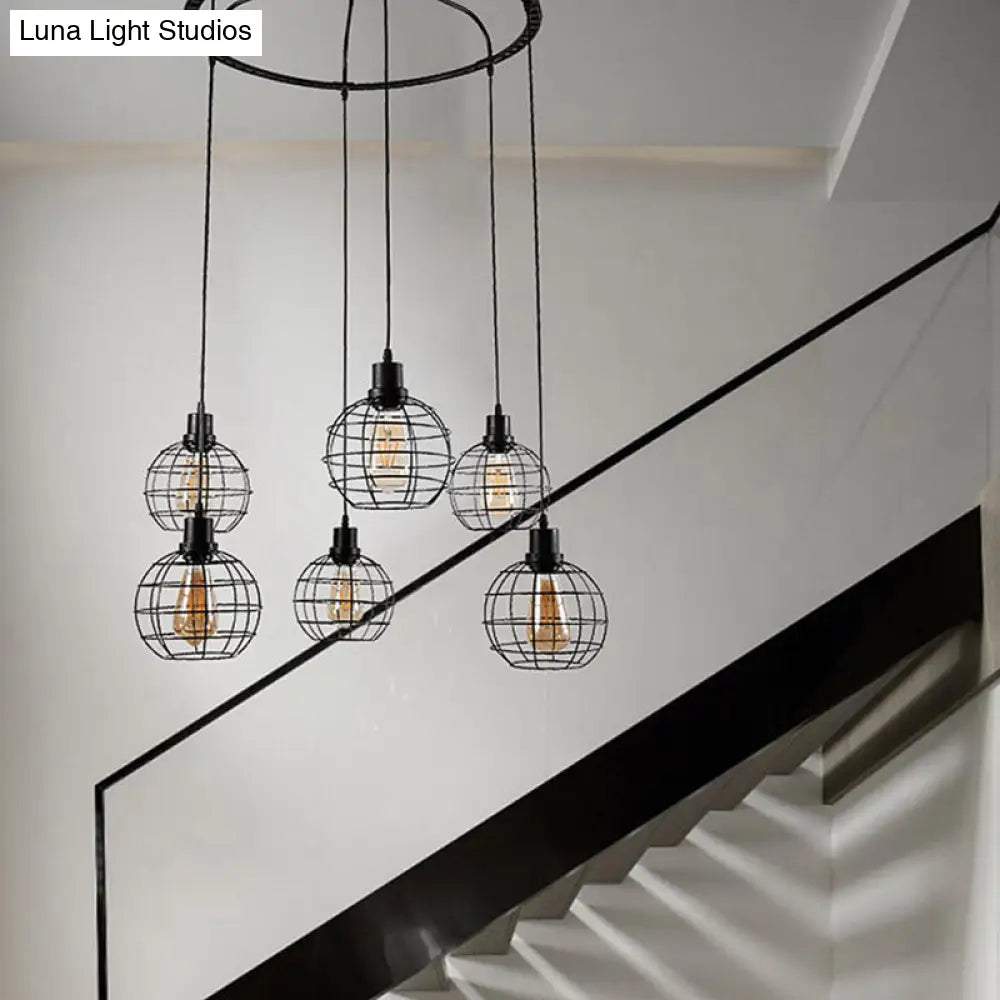 Industrial Style 6-Bulb Metallic Hanging Lamp With Wire Cage Shade Black