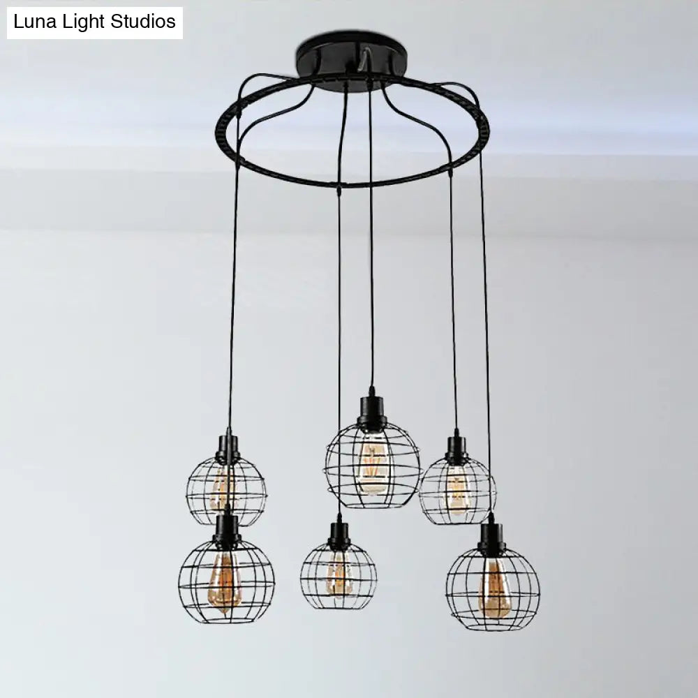 Industrial Style 6-Bulb Metallic Hanging Lamp With Wire Cage Shade Black