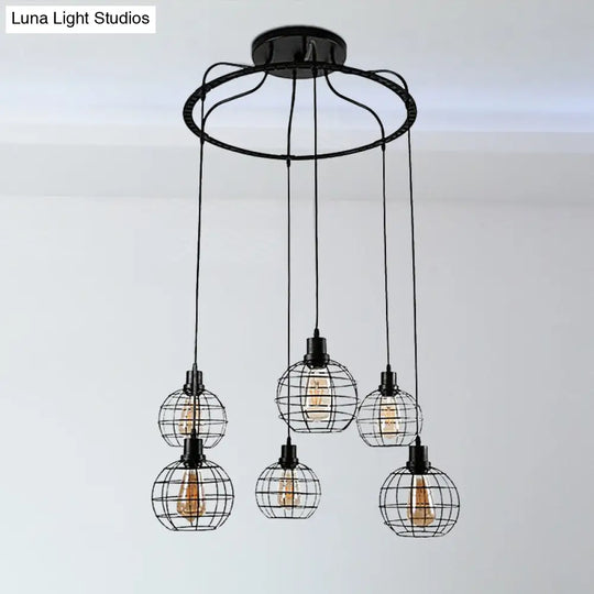 Industrial Style Global Hanging Lamp - 6-Bulb Metallic Suspended Light In Black With Wire Cage Shade