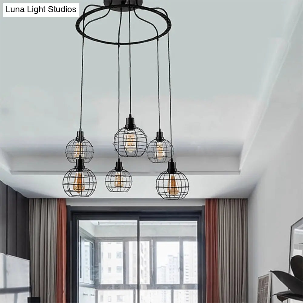 Industrial Style Global Hanging Lamp - 6-Bulb Metallic Suspended Light In Black With Wire Cage Shade