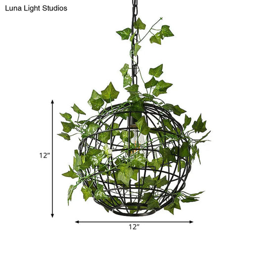 Industrial Globe Cage Ceiling Pendant Light With Iron Pendulum And Artificial Plant Deco In Black