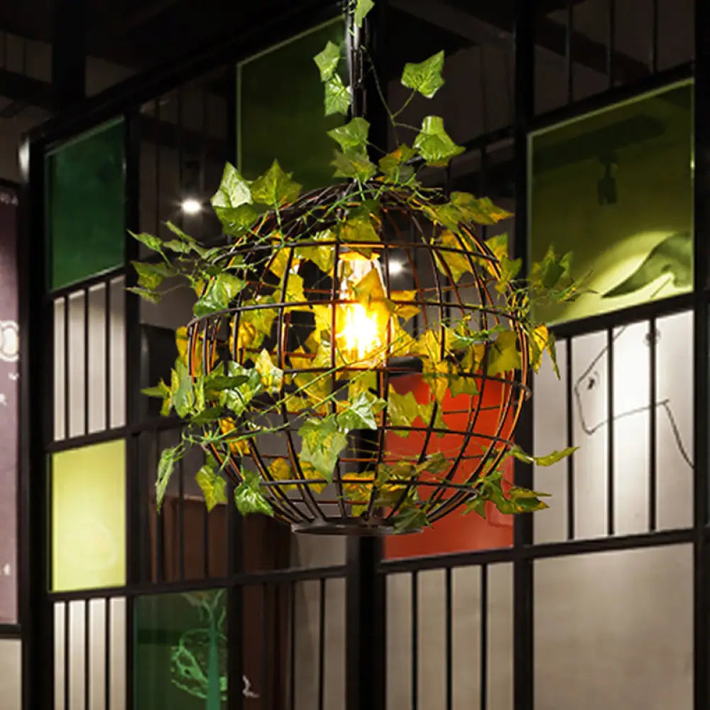 Industrial Style Globe Cage Ceiling Pendant Light With Artificial Plant Deco (1-Head Black) Black