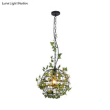 Industrial Style Globe Cage Ceiling Pendant Light With Artificial Plant Deco (1-Head Black)