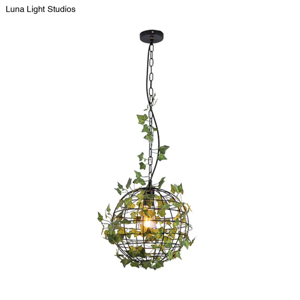 Industrial Style Globe Cage Ceiling Pendant Light With Artificial Plant Deco (1-Head Black)