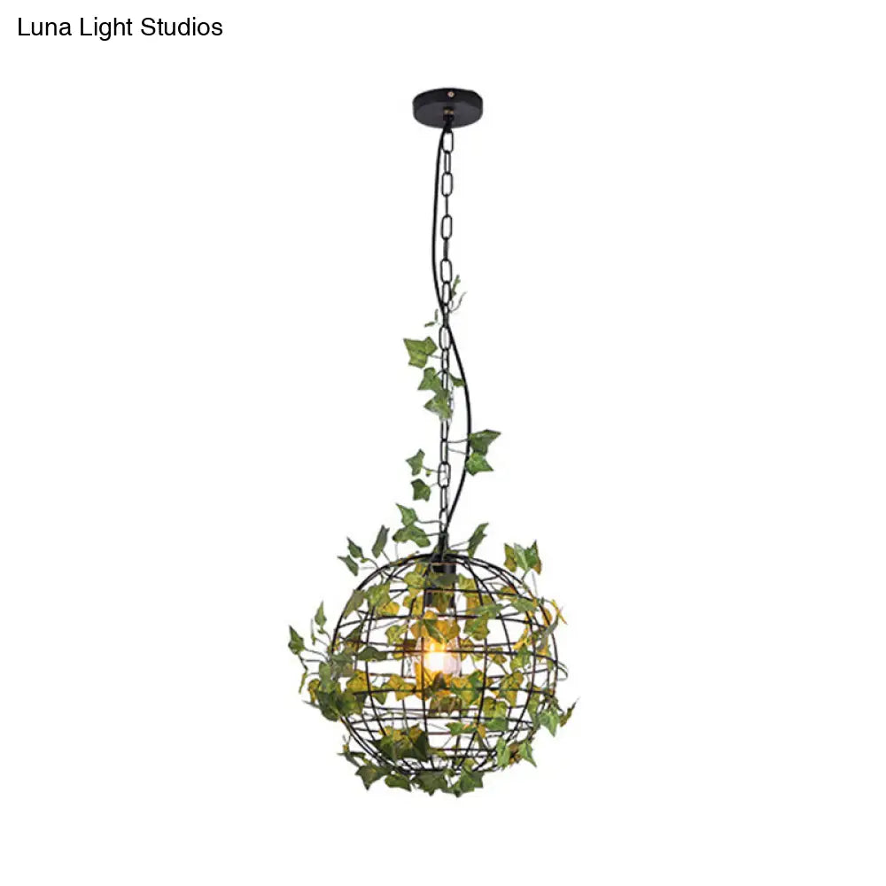 Industrial Globe Cage Ceiling Pendant Light With Iron Pendulum And Artificial Plant Deco In Black