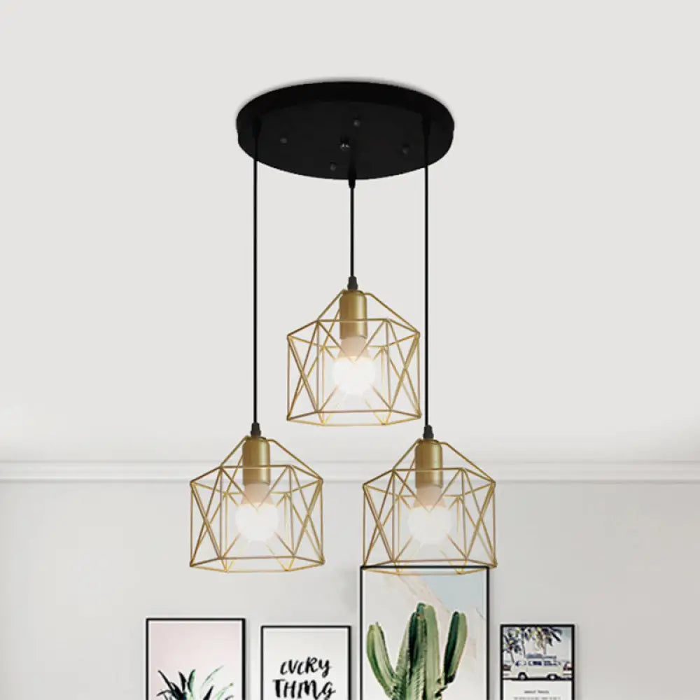 Industrial Style Gold Ceiling Light With Hexagon Cage Shade - Ideal For Restaurants And More! /