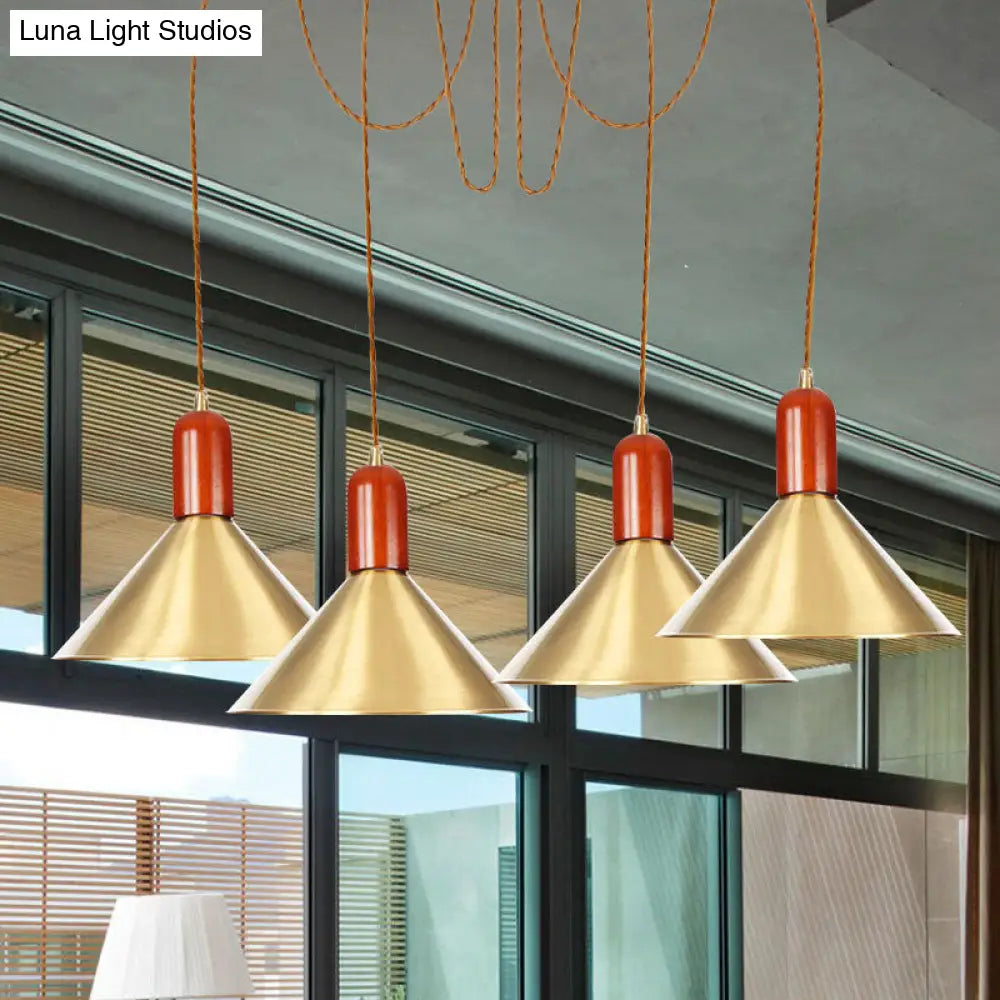 Cone Multi-Pendant Chandelier With Industrial-Style Gold Finish Swag Hanging Light Kit (2/4/3 Heads)