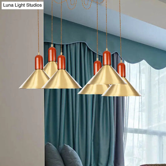 Cone Multi-Pendant Chandelier With Industrial-Style Gold Finish Swag Hanging Light Kit (2/4/3 Heads)
