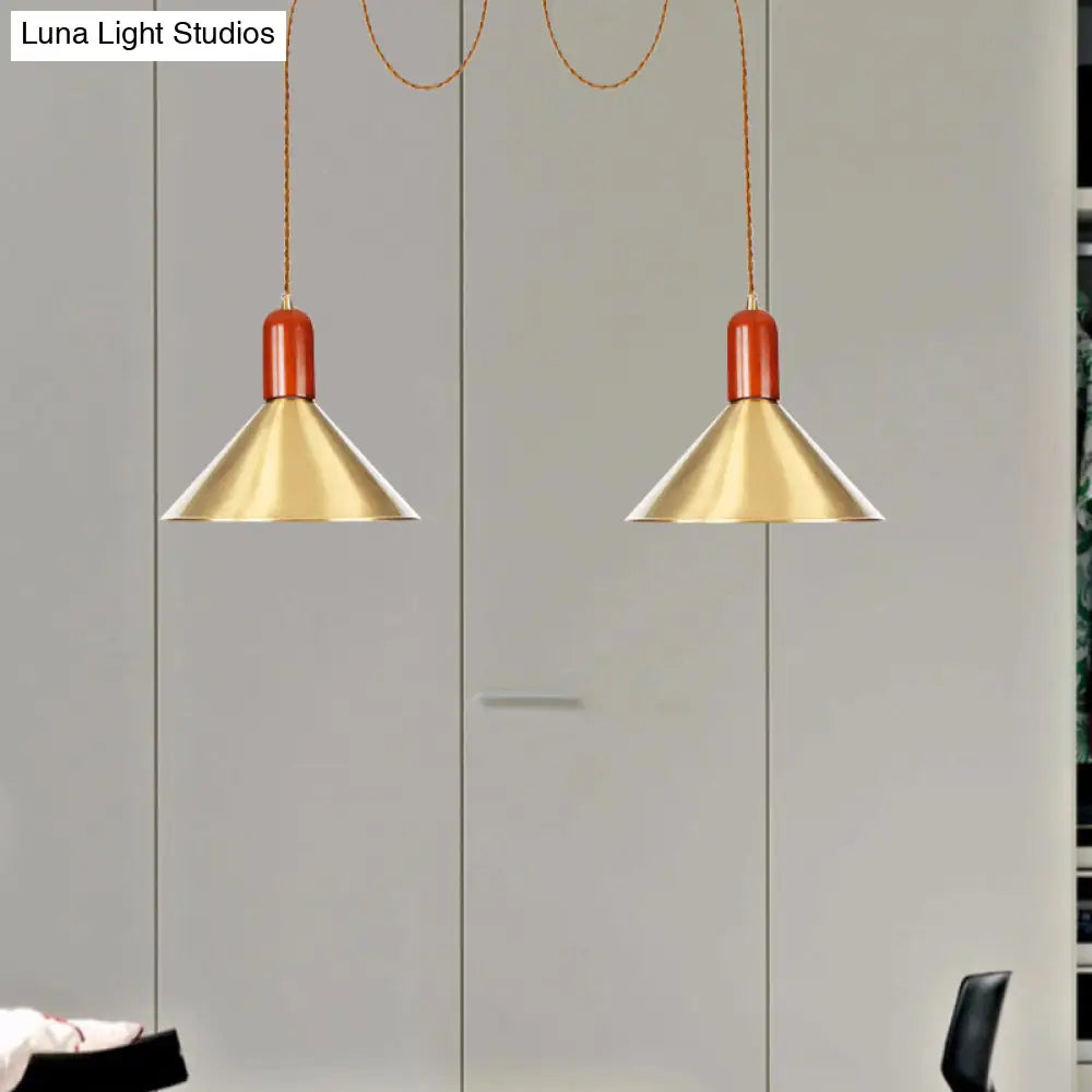 Industrial-Style Gold Finish Cone Pendant Chandelier With Multi-Head Design - Swag Hanging Light