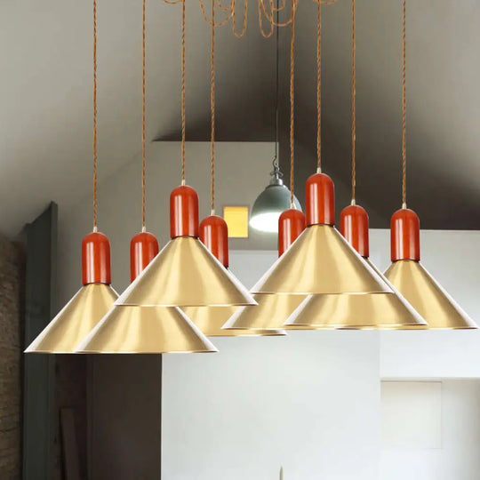 Industrial-Style Gold Finish Cone Pendant Chandelier With Multi-Head Design - Swag Hanging Light