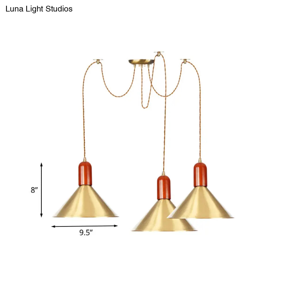 Cone Multi-Pendant Chandelier With Industrial-Style Gold Finish Swag Hanging Light Kit (2/4/3 Heads)