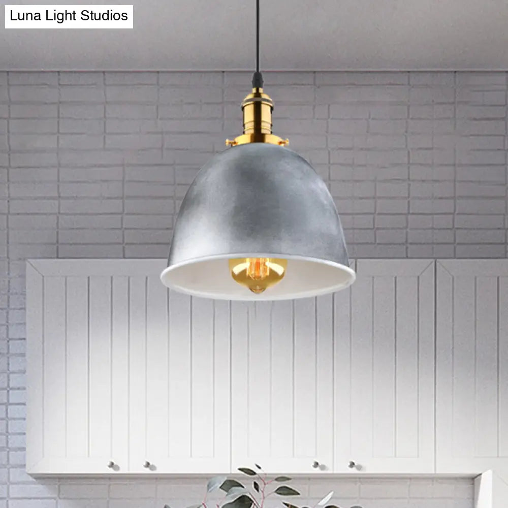 Industrial Style Gray Hanging Lamp With Metallic Dome Shade For Living Room