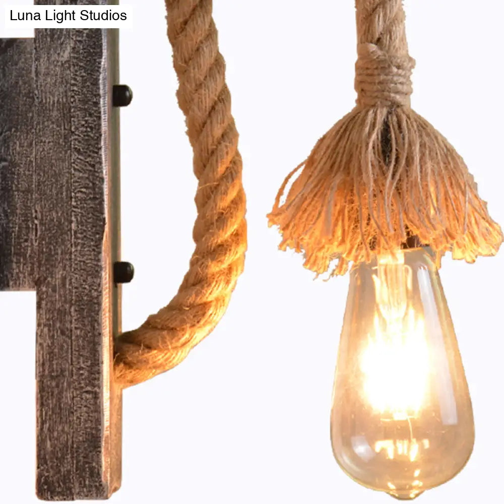 Industrial Style Grey Rope Wall Light With Wood L-Arm - Bare Bulb Lighting Idea