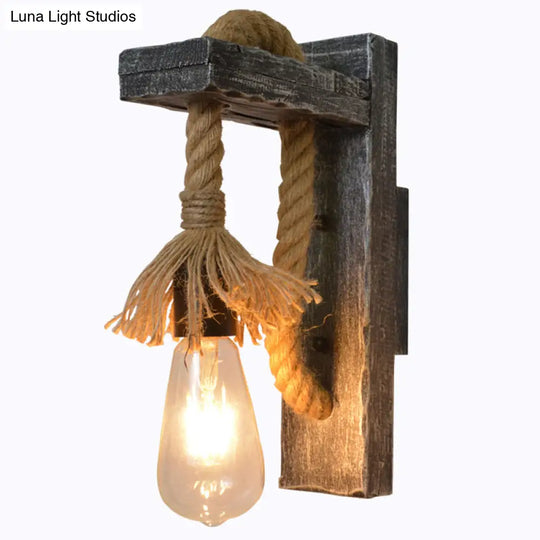 Industrial Style Grey Rope Wall Light With Wood L-Arm - Bare Bulb Lighting Idea