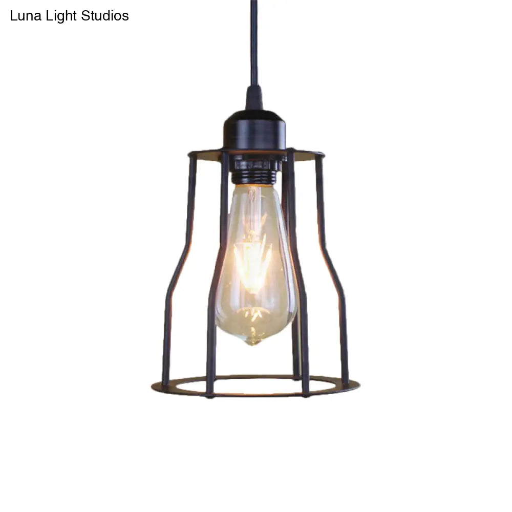 Industrial Style Hanging Ceiling Light With Metal Black Finish Cylinder Shade And Cage