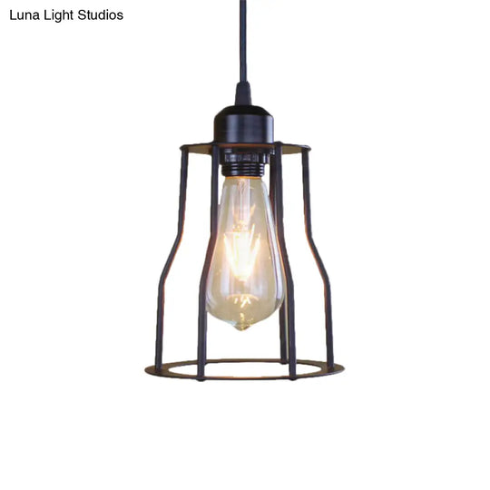 Industrial Style Hanging Ceiling Light With Metal Black Finish Cylinder Shade And Cage