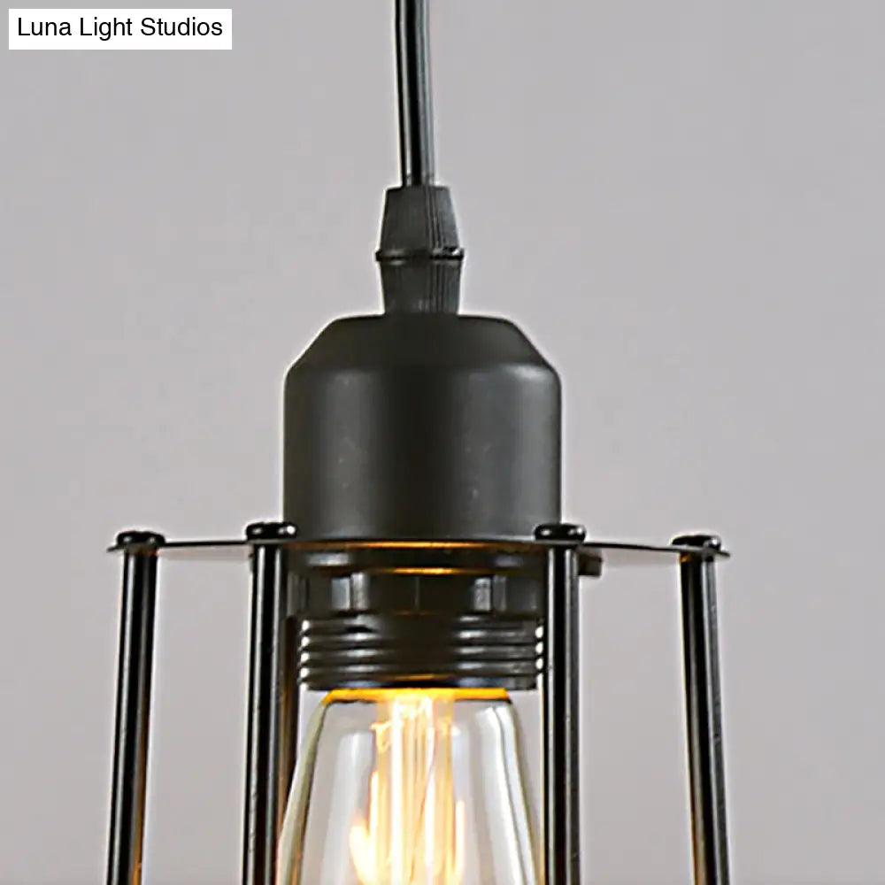 Industrial Style Hanging Ceiling Light With Metal Black Finish Cylinder Shade And Cage